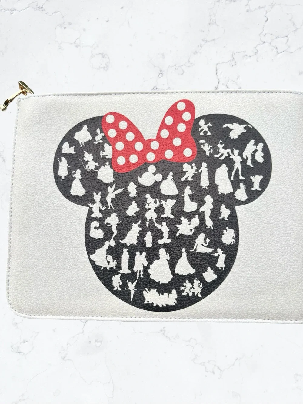 Disney White Wristlet Clutch with Black Minnie Silhouette and Red Polka Dot Bow